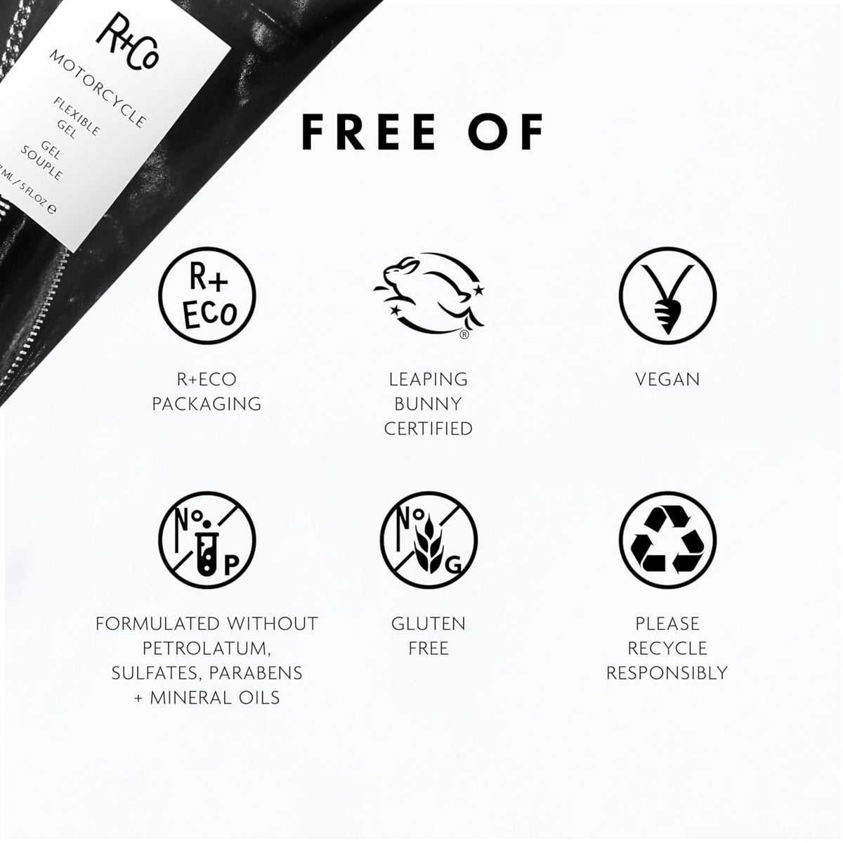 R+Co Motorcycle ingredient label detail showing key actives and clean formulation benefits