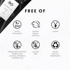 R+Co Motorcycle ingredient label detail showing key actives and clean formulation benefits