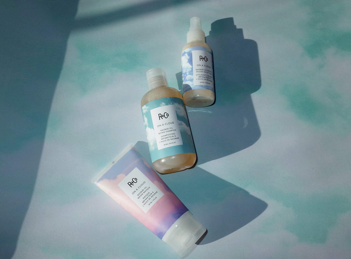 R+Co On A Cloud on a bathroom shelf in lifestyle shot implying salon-quality at-home care