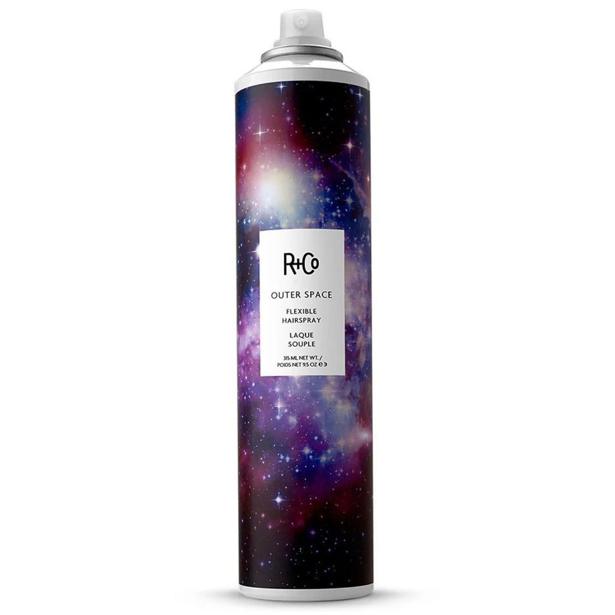 R+Co Outer Space front packaging showing unscented flexible hairspray