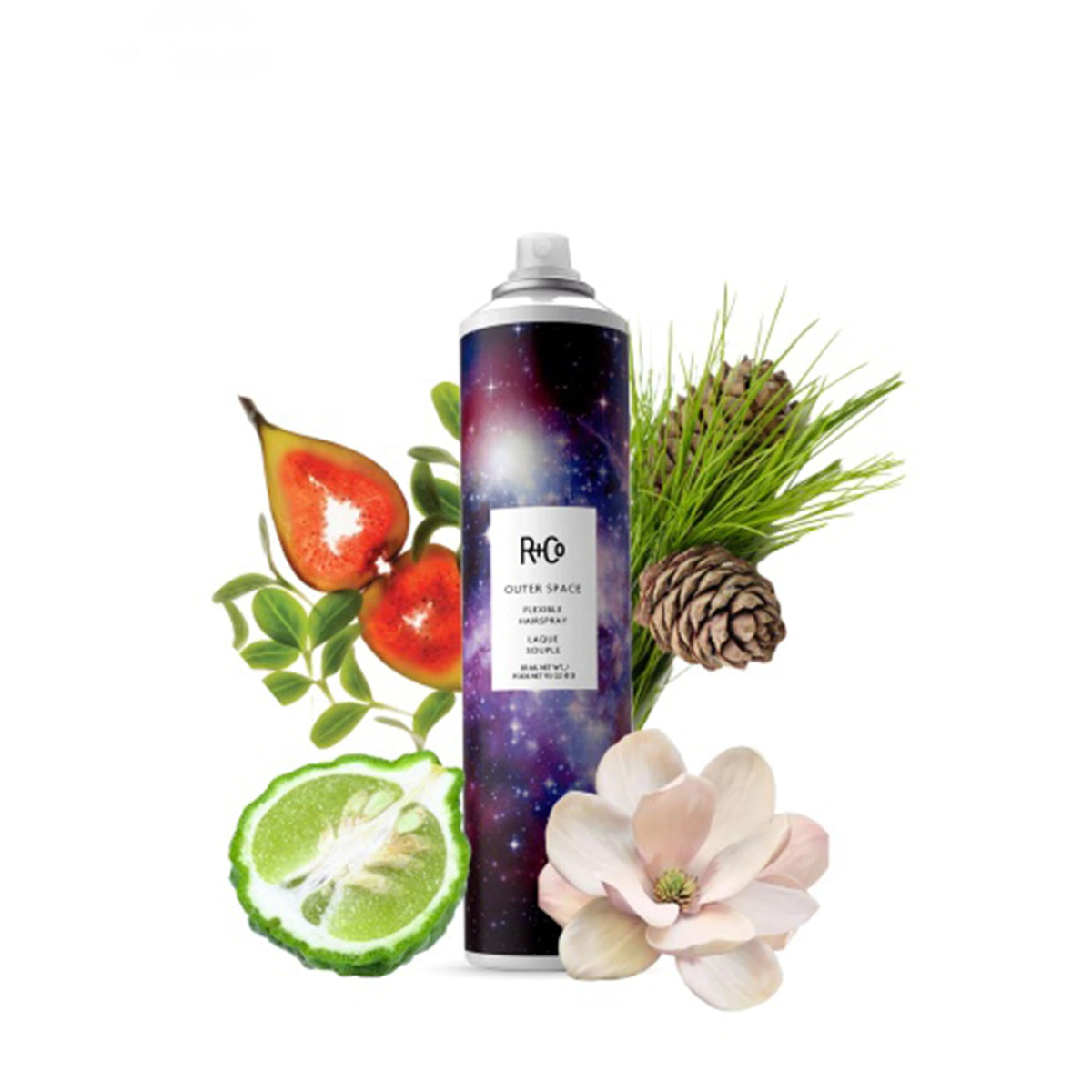 Close-up of R+Co Outer Space ingredients label highlighting key benefits