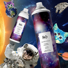 Stylist using R+Co Outer Space on set to restyle hair throughout day