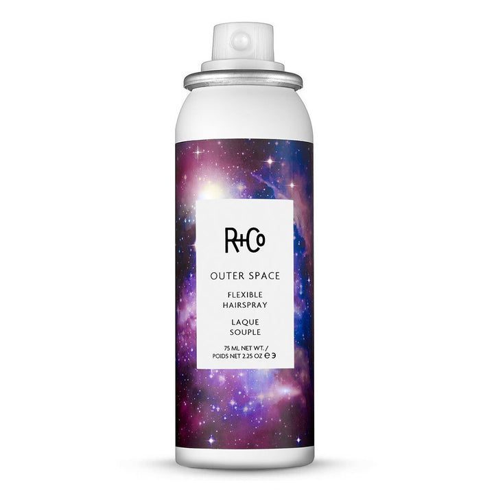 R+Co Outerspace front packaging showing travel 2.2 oz can and scent benefits