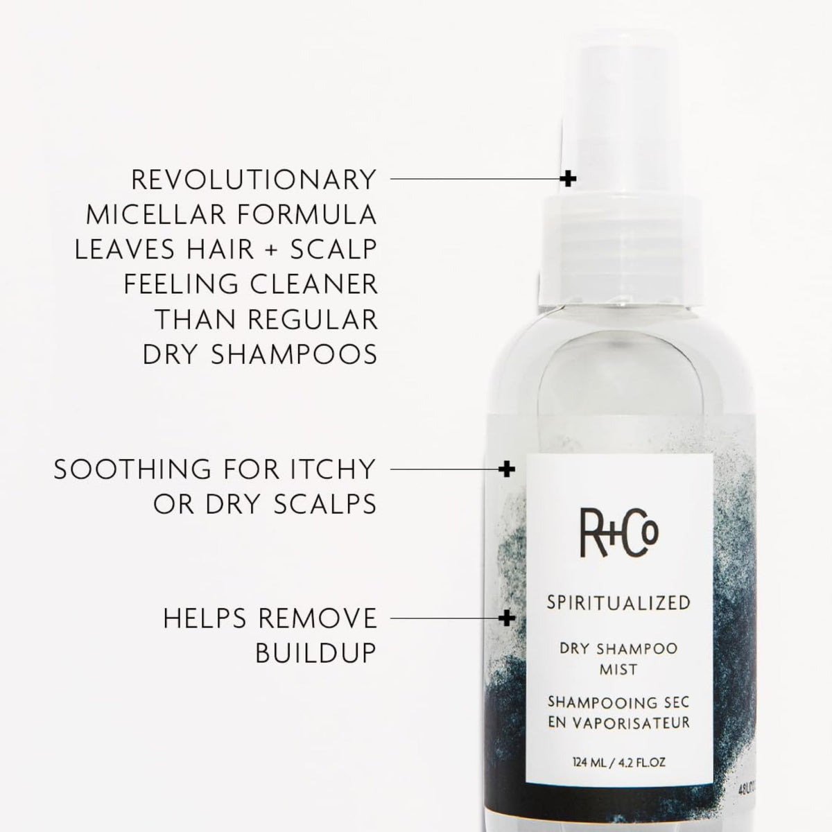 Spray applying to scalp with fingertips demonstrating R+Co easy-refresh benefit