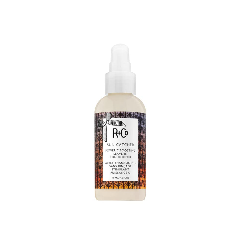 R+Co Sun Catcher front bottle showing protective leave-in benefits