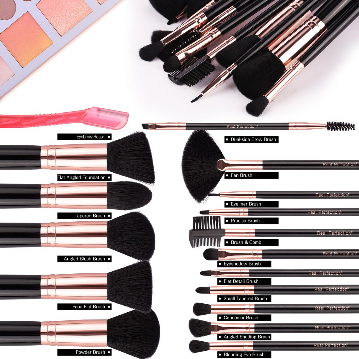 Real Perfection brushes laid out to display included tools for complete looks