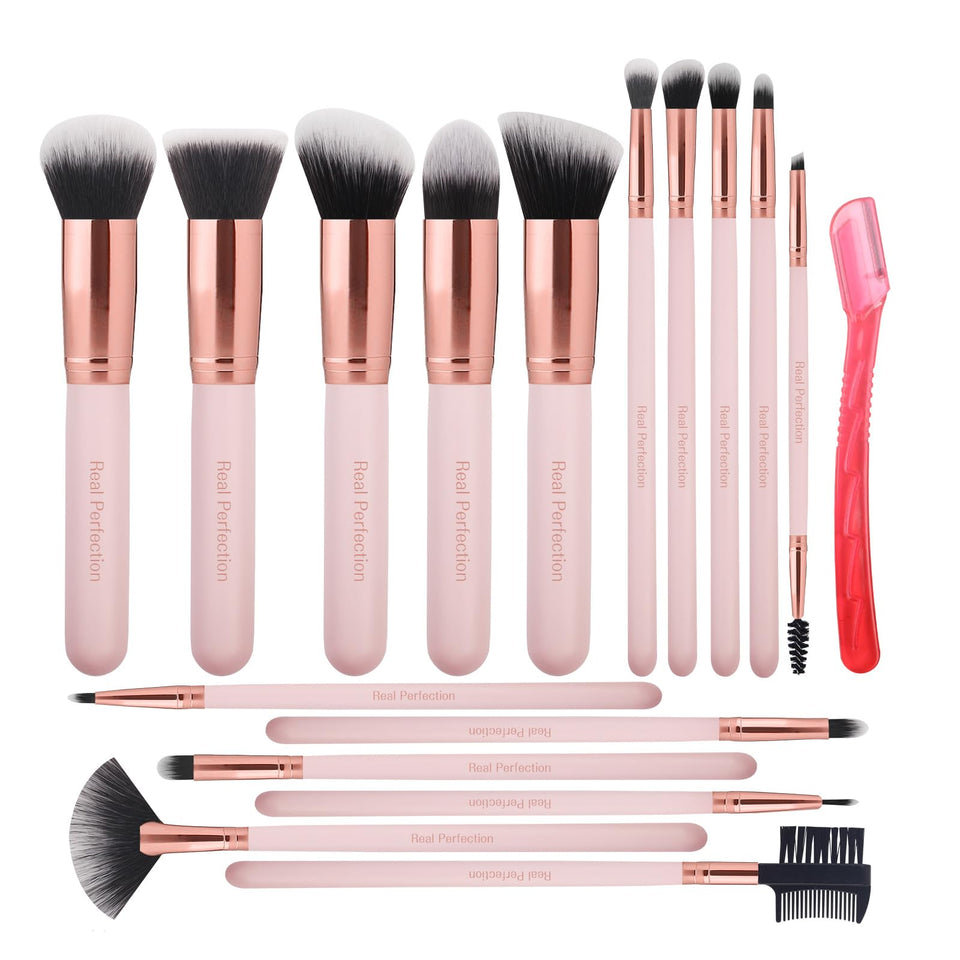 Real Perfection front view of pink brush set showing full kit and storage benefit