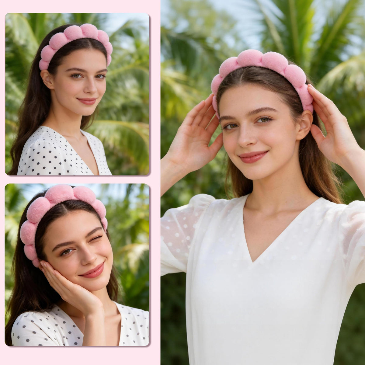 Real Perfection headband worn by model demonstrating hair kept away during cleansing