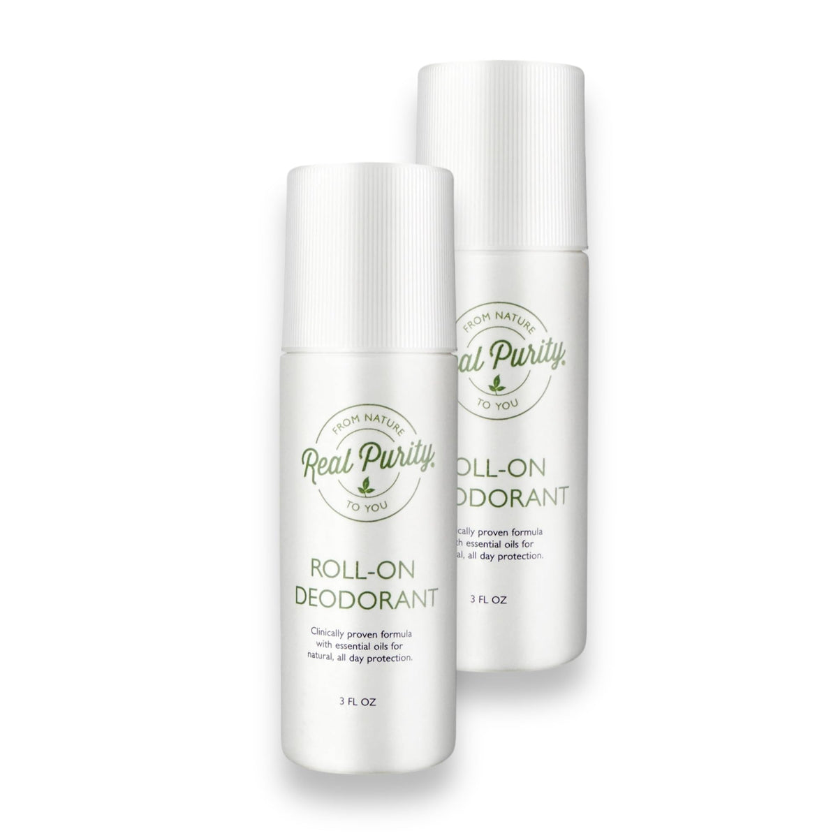 Real Purity front packaging showing two roll-on bottles and value benefit