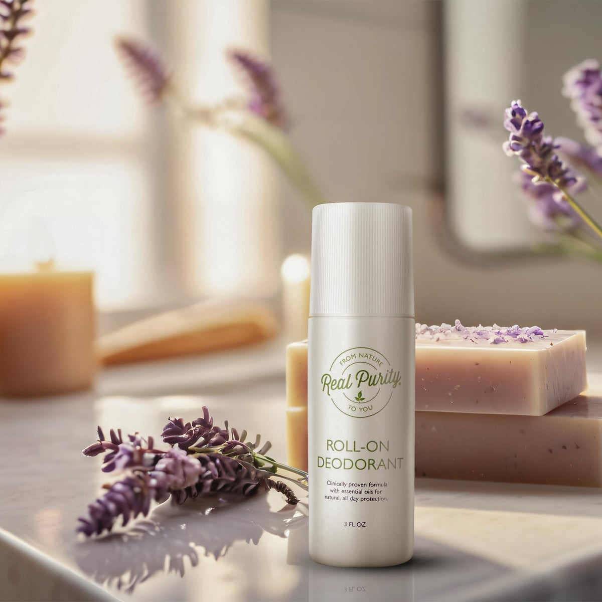 Real Purity roll-on in travel bag demonstrating portability and everyday freshness