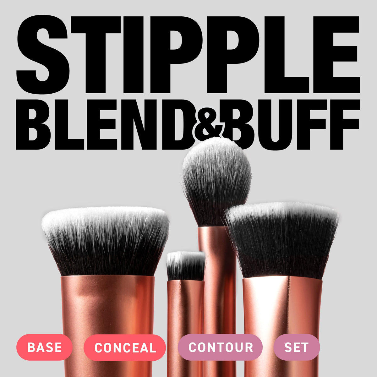 Real Techniques 256 Ultra Buff brush close-up showing dense bristles for flawless blending