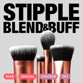 Real Techniques 256 Ultra Buff brush close-up showing dense bristles for flawless blending