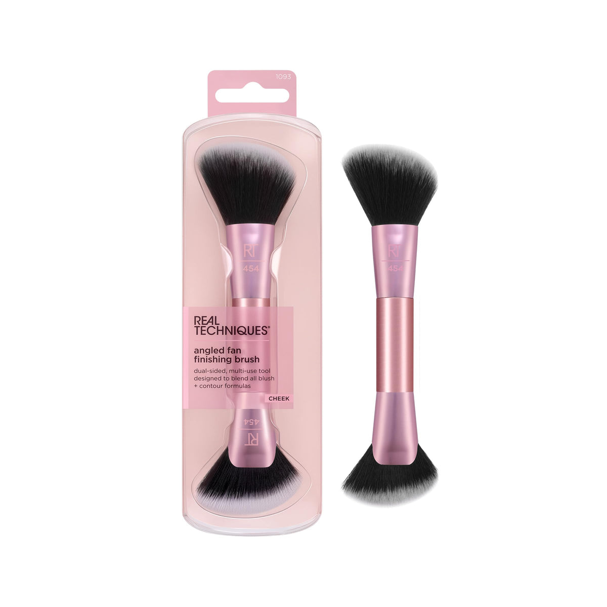 Real Techniques angled fan finishing brush front view showing dual-ended design and sleek handle for travel