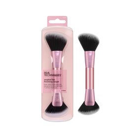 Real Techniques angled fan finishing brush front view showing dual-ended design and sleek handle for travel