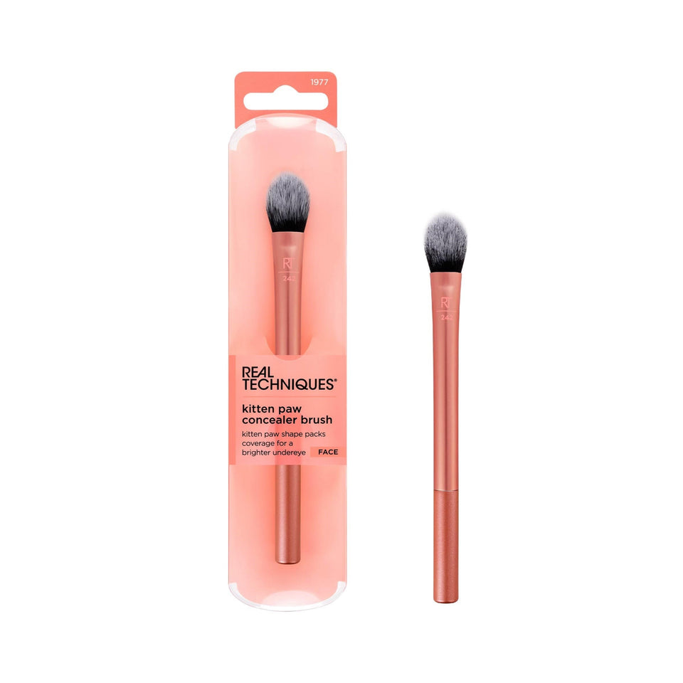 Real Techniques brightening concealer brush front view shows kit-friendly shape and control