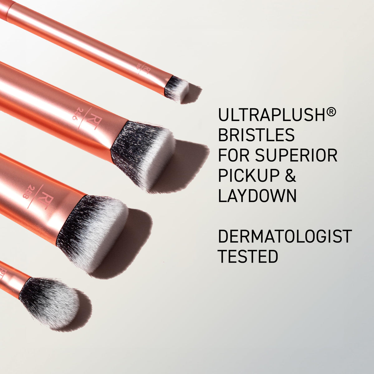 Real Techniques bristles macro view highlighting UltraPlush synthetic texture and durability