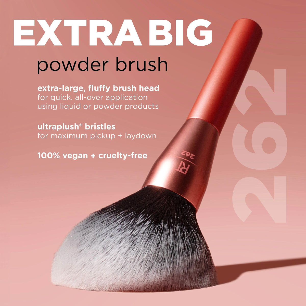 Real Techniques brush in hand scale demonstrates oversized coverage for fast application