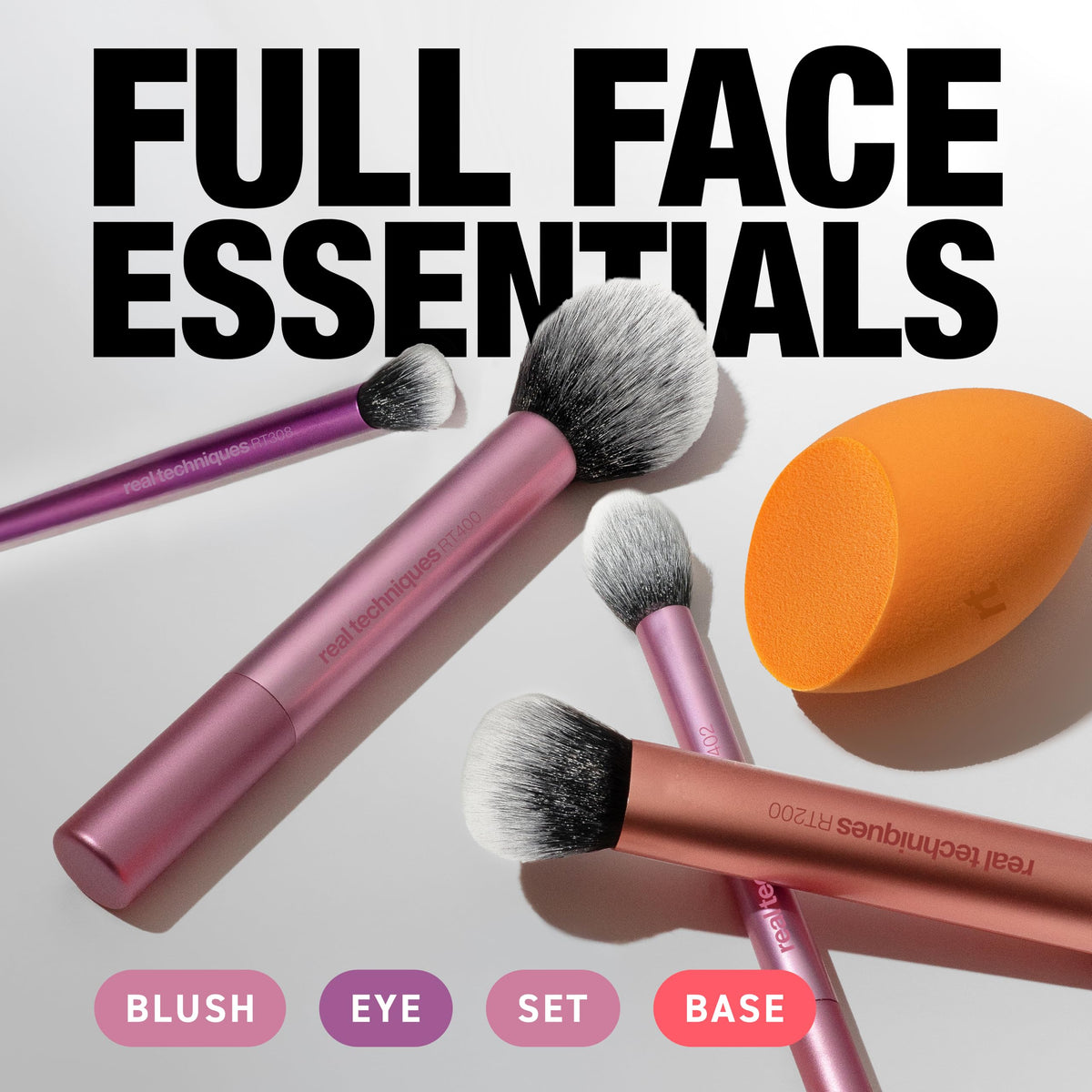 Real Techniques brushes laid flat to display shapes and sizes for versatile application