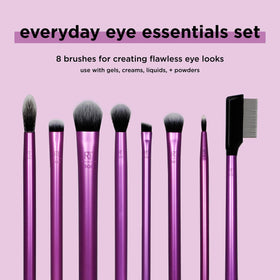 Real Techniques all eight eye brushes arranged on a surface, showing shapes and uses for easy selection