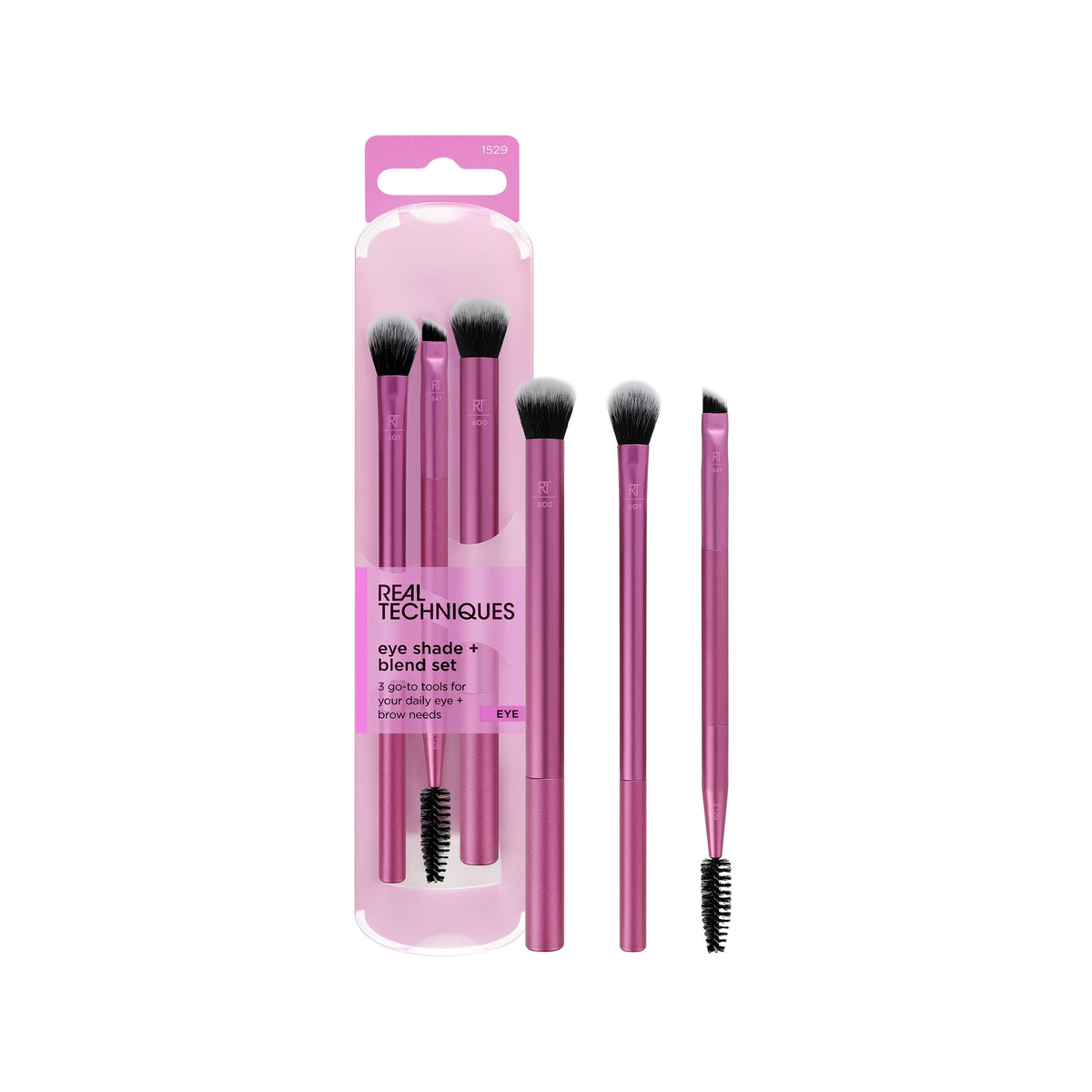 Real Techniques brush trio front packaging showing three brushes and benefits