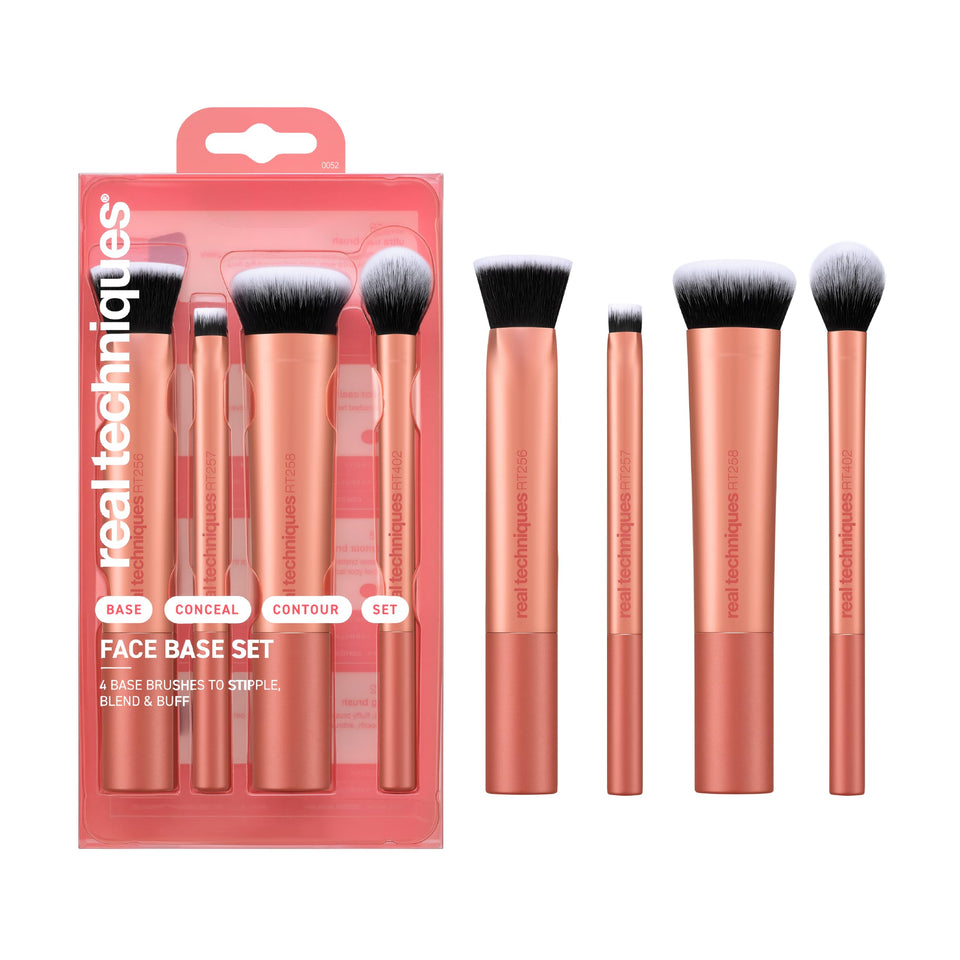 Real Techniques front packaging showing all four brushes and product overview benefit
