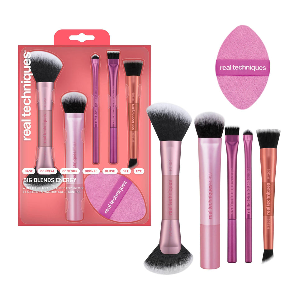 Real Techniques front packaging displaying six-piece Big Blends Energy set, clear contents for quick choice