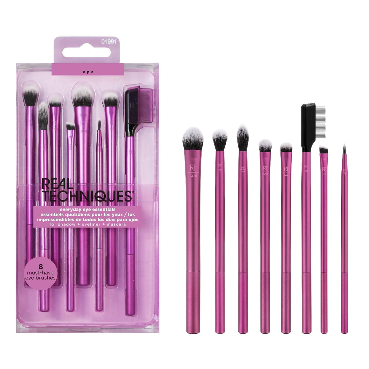 Real Techniques front packaging of the 8-piece eye brush set showing contents and branding, clear gift-ready presentation