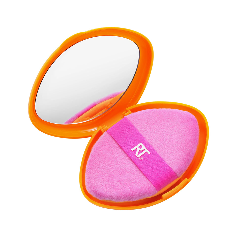 Real Techniques front packaging showing puff and travel case for easy touch-ups