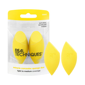 Real Techniques front packaging showing yellow sponge duo and benefits