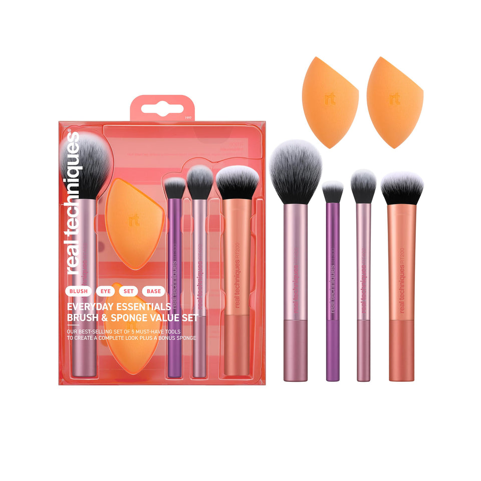 Real Techniques front packaging showing all brushes and sponges — clear kit overview