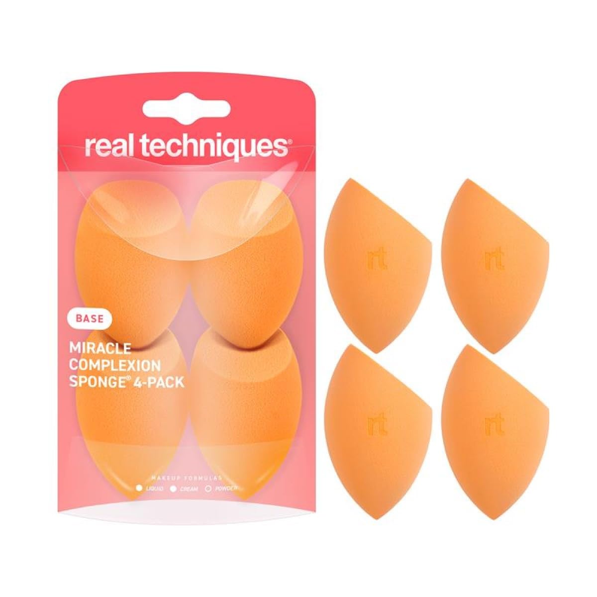 Real Techniques front packaging showing four sponges and value pack benefit