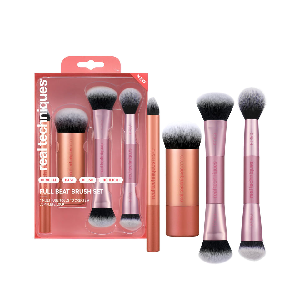 Real Techniques full beat front packaging showing four brushes for a complete face routine