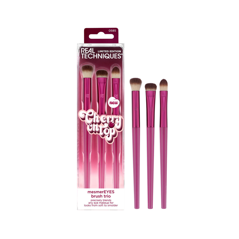 Real Techniques MesmerEYES front packaging showing three brushes and cherry design benefit: collectible limited edition