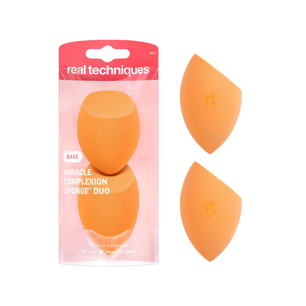 Real Techniques sponge front packaging showing two sponges and product benefit
