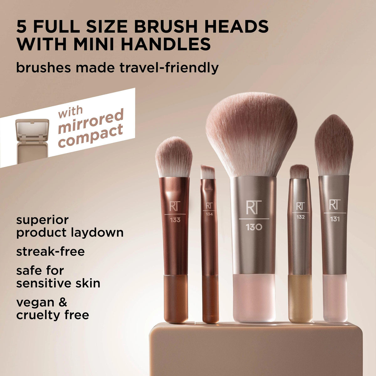 Real Techniques five mini brushes and mirror laid out to show included tools and versatility