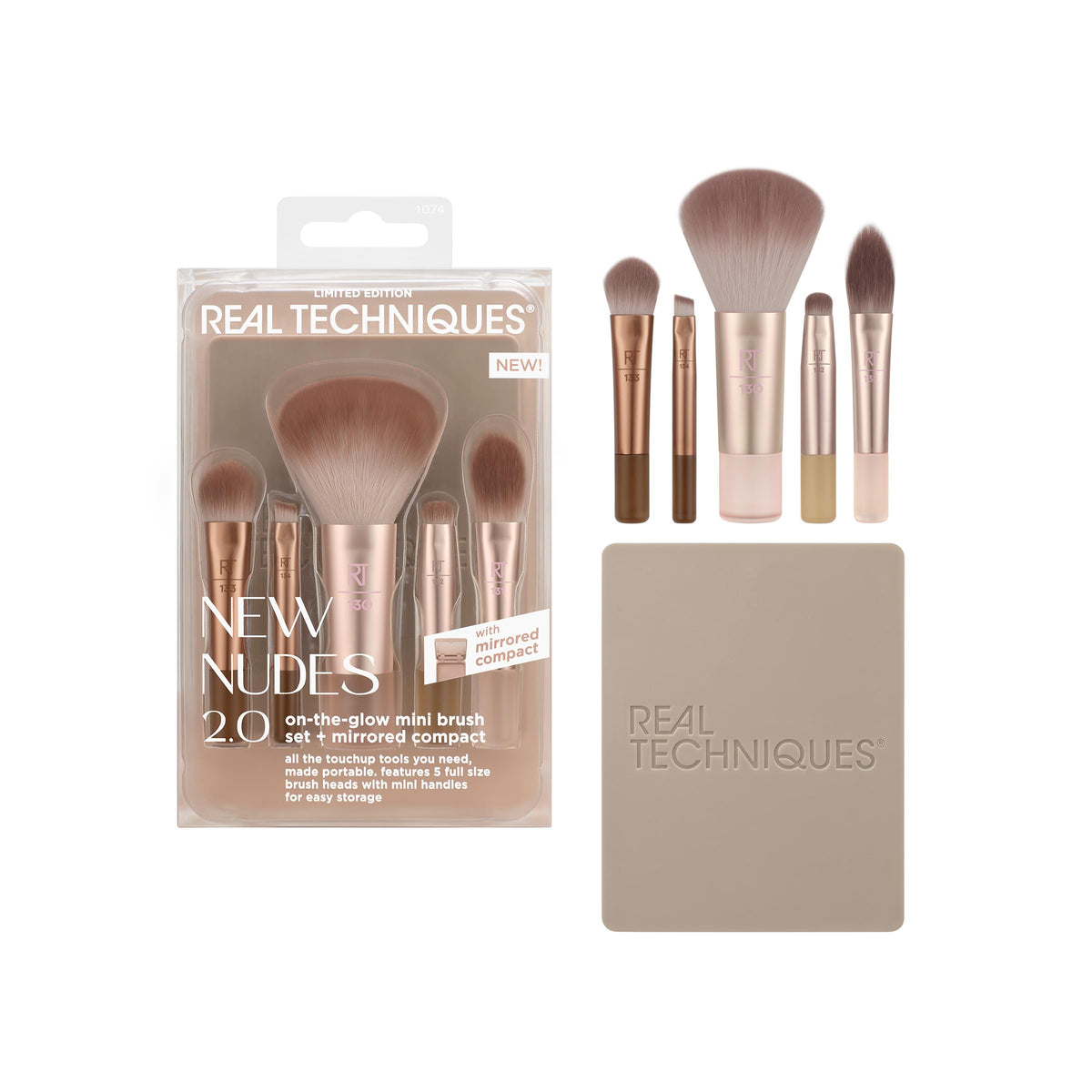 Real Techniques front packaging showing the nude mini brush kit and mirror benefit portability