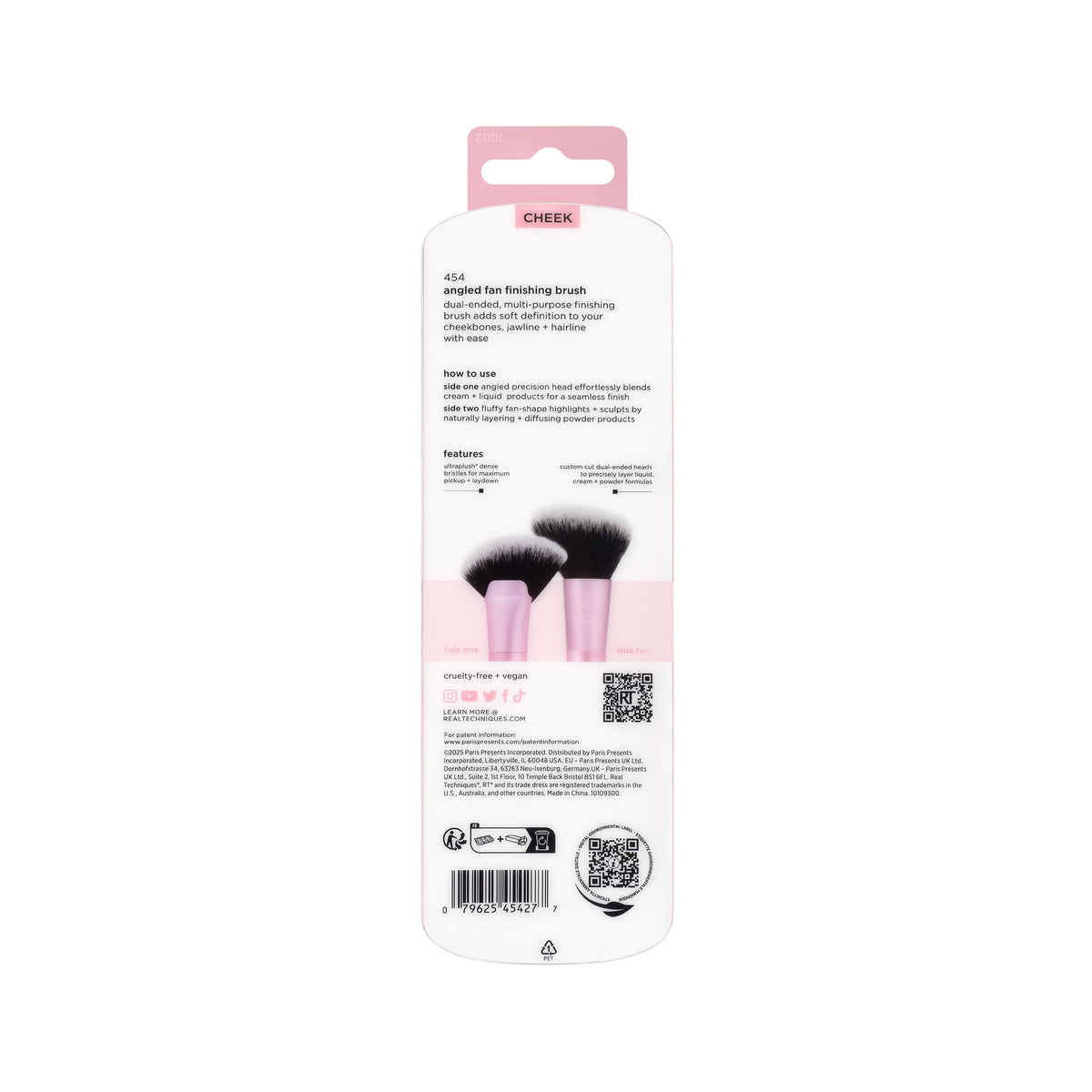 Real Techniques brush packaging and label showing cruelty-free vegan materials benefit