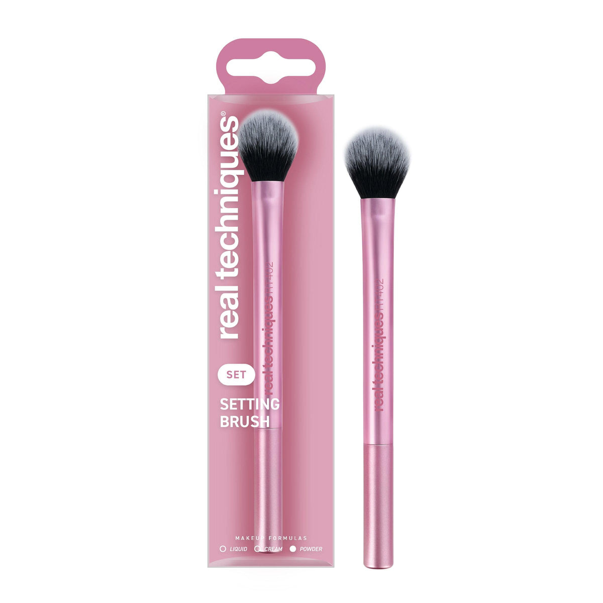 Real Techniques setting brush front view showing tapered head and handle for precise application
