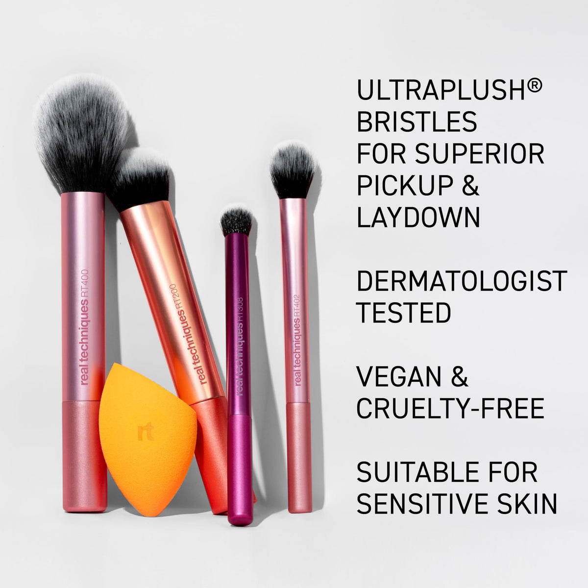 Real Techniques synthetic bristles close-up highlighting soft UltraPlush texture