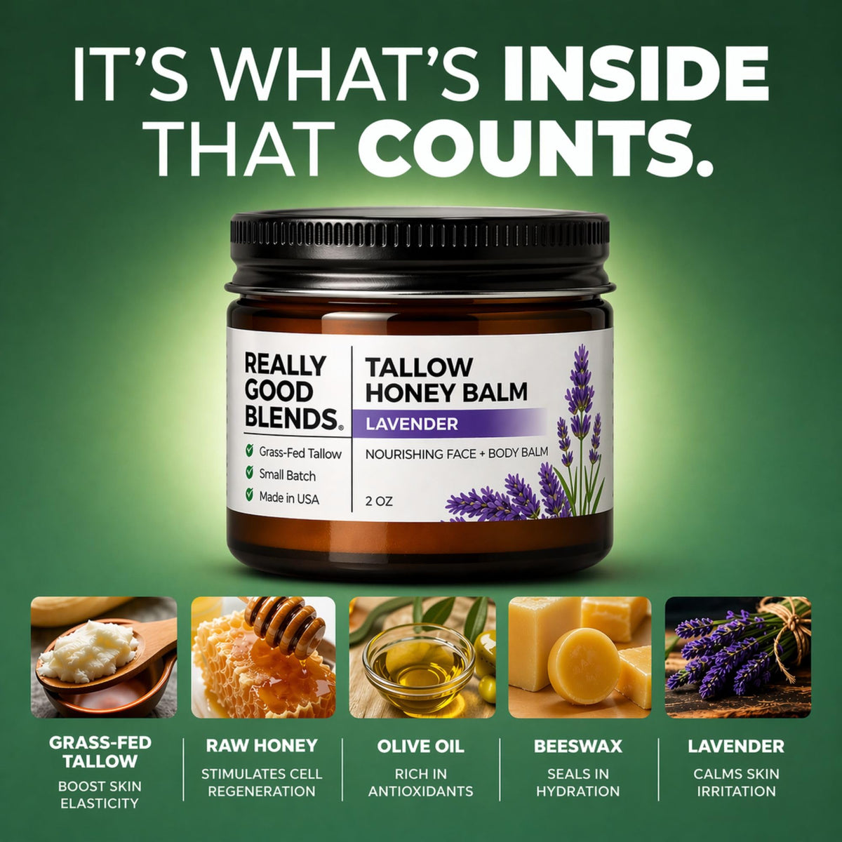 Really Good Blends label close-up highlighting simple five-ingredient formulation