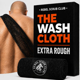 REBEL SCRUB CLUB front view showing rough washcloth for powerful exfoliation
