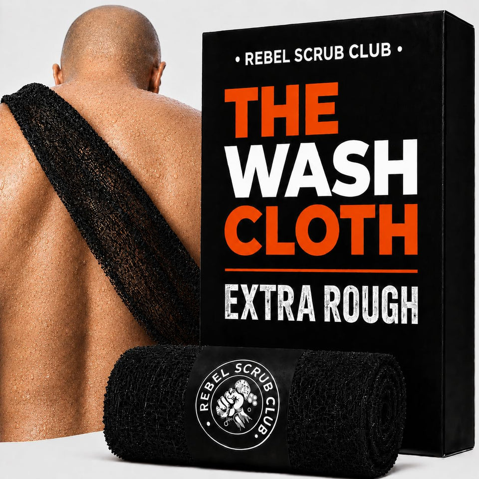 REBEL SCRUB CLUB front view showing rough washcloth for powerful exfoliation