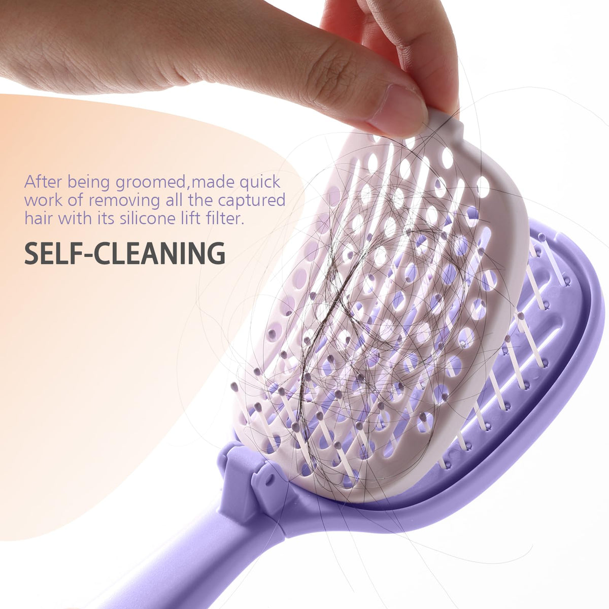 Rebex demonstrating silicone lift filter releasing trapped hair for quick cleaning
