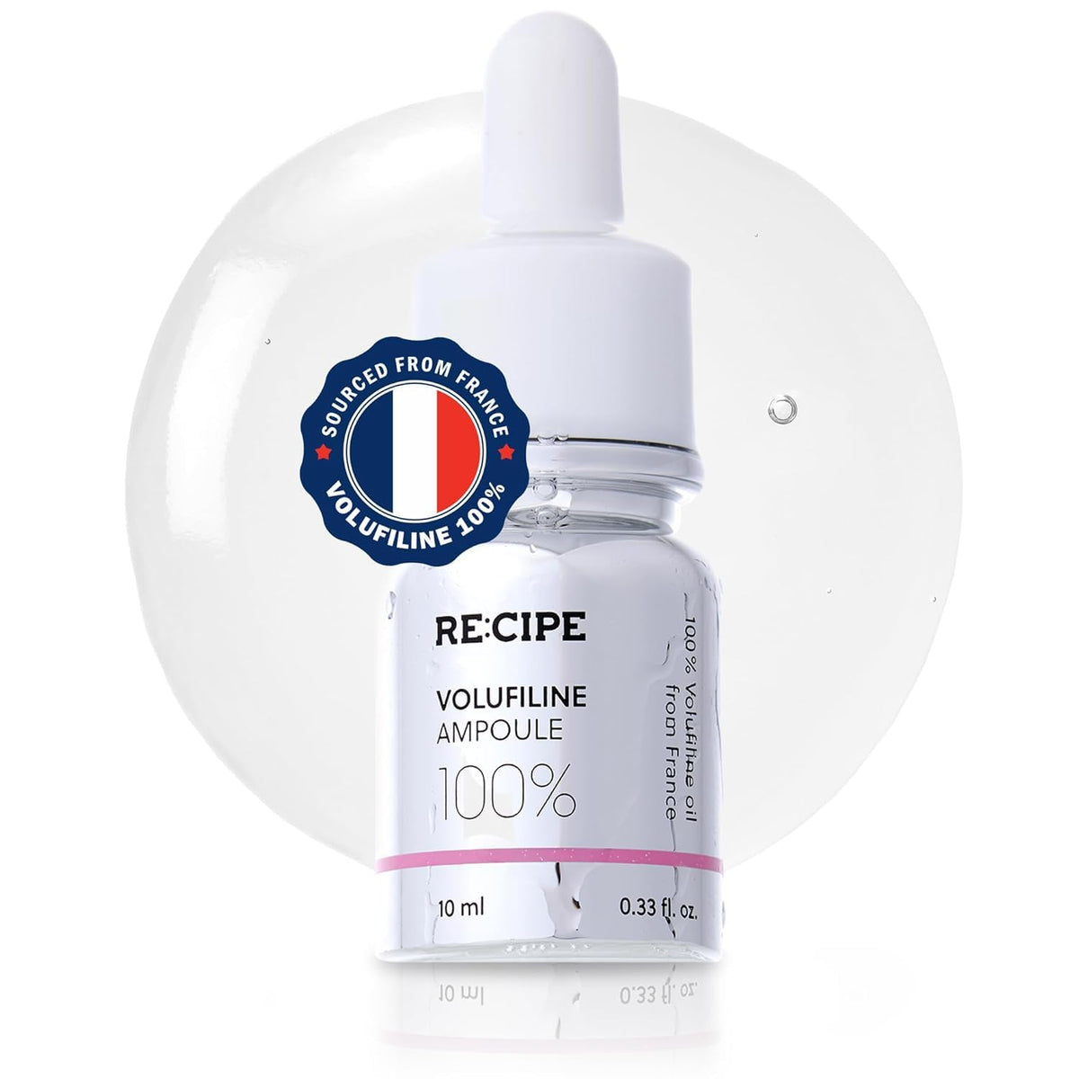 RE:CIPE front bottle view showing label and compact ampoule, conveys purity and potency