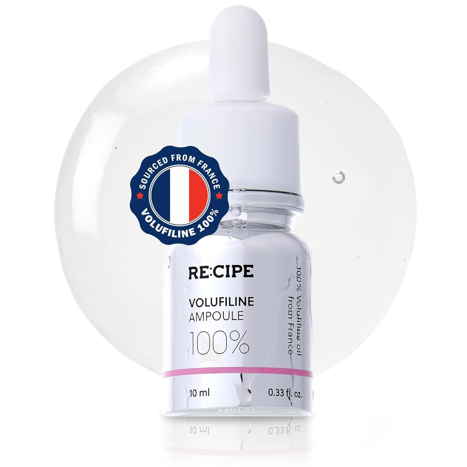 RE:CIPE front bottle view showing label and compact ampoule, conveys purity and potency