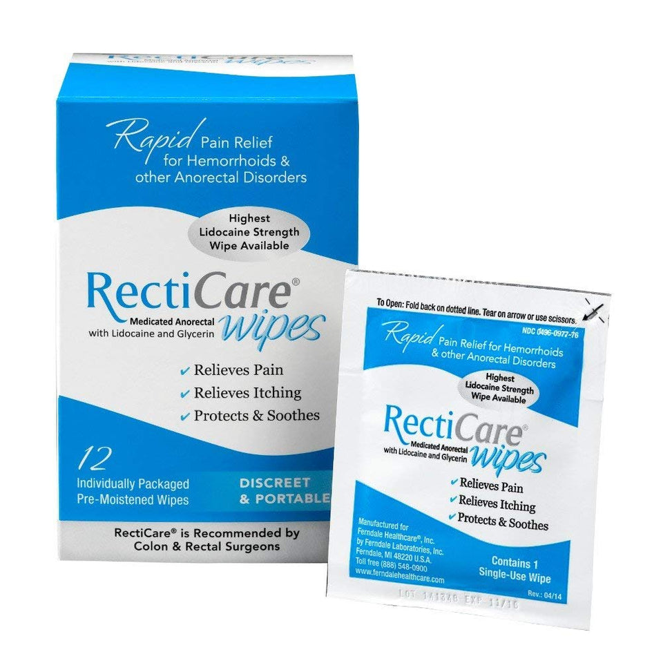 RectiCare front packaging showing brand and 5% lidocaine for quick relief