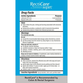 Hand holding RectiCare wipe illustrating travel-ready size and convenience