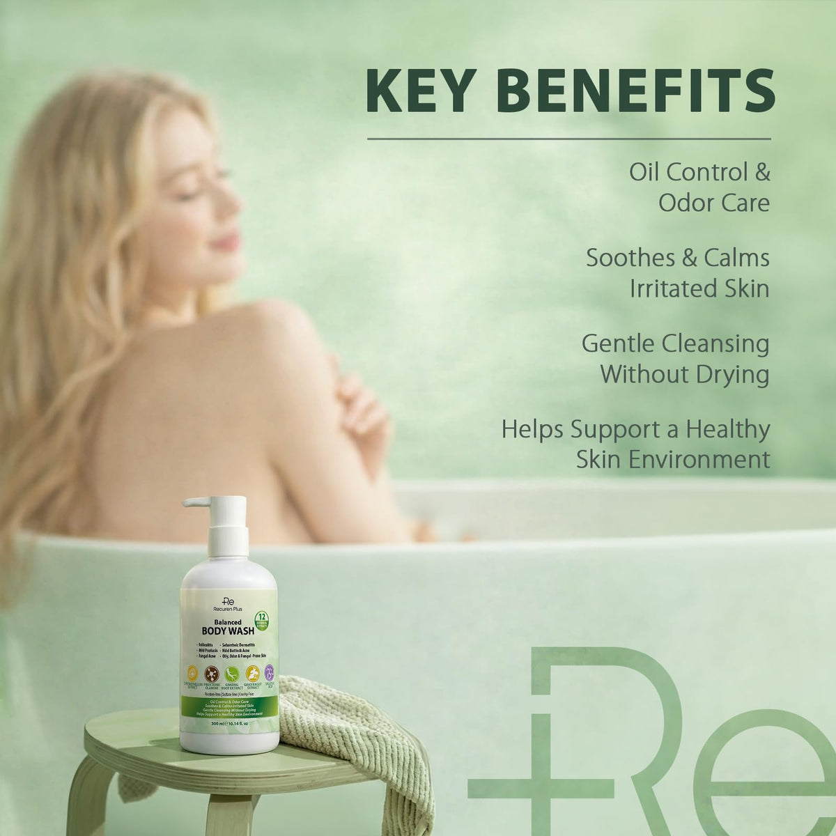 Close-up of Recuren Plus pump top highlighting easy dispensing for daily body care