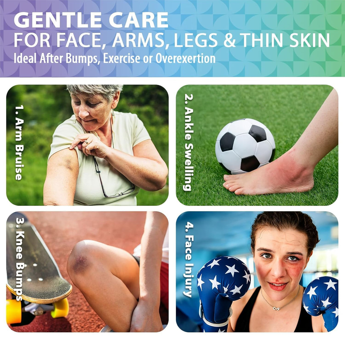 Applying Recuren Plus onto hand to soothe a bruise, showing ease of application and relief