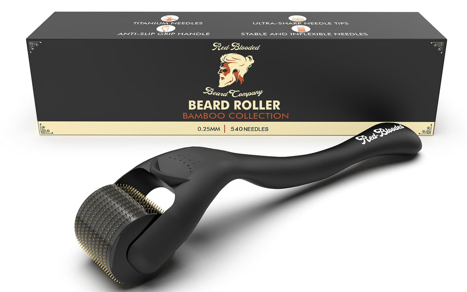 red-blooded front view of derma roller showing compact design and easy grip benefit
